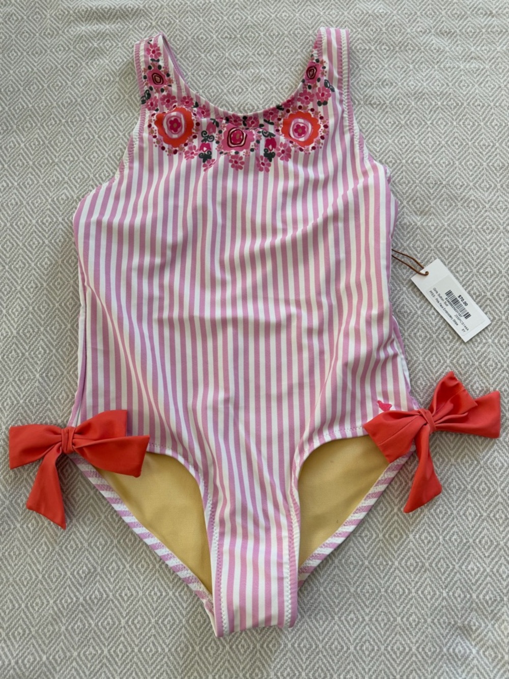 Pink Chicken Girls Sutton Swimsuit Size 8Y Pink Faux Embroidery Stripe NWT